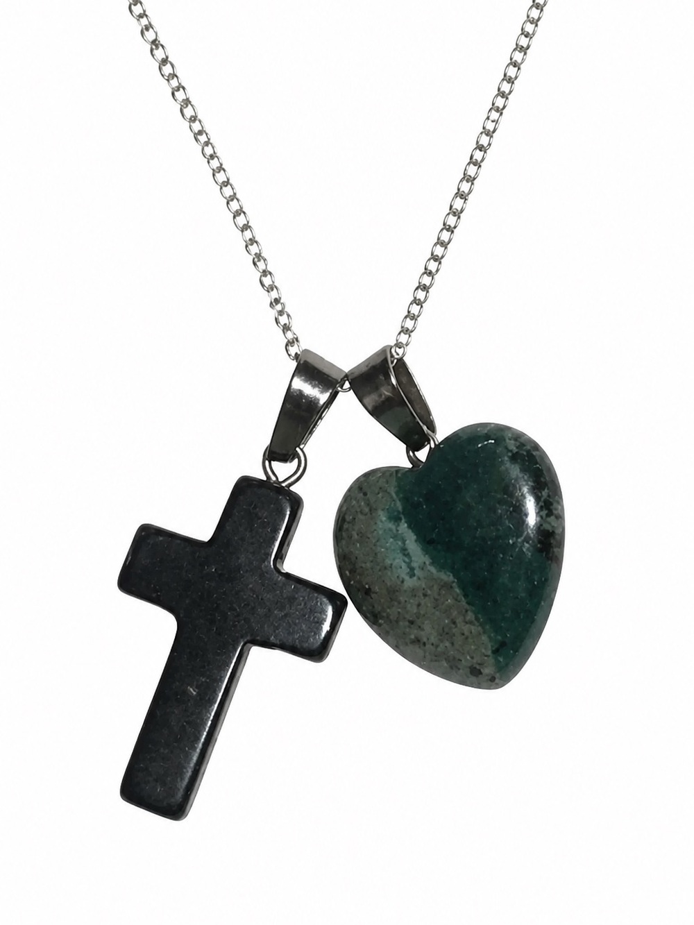 Boho hippie Green Moss Agate heart and Onyx Cross Sterling Silver 16” Necklace